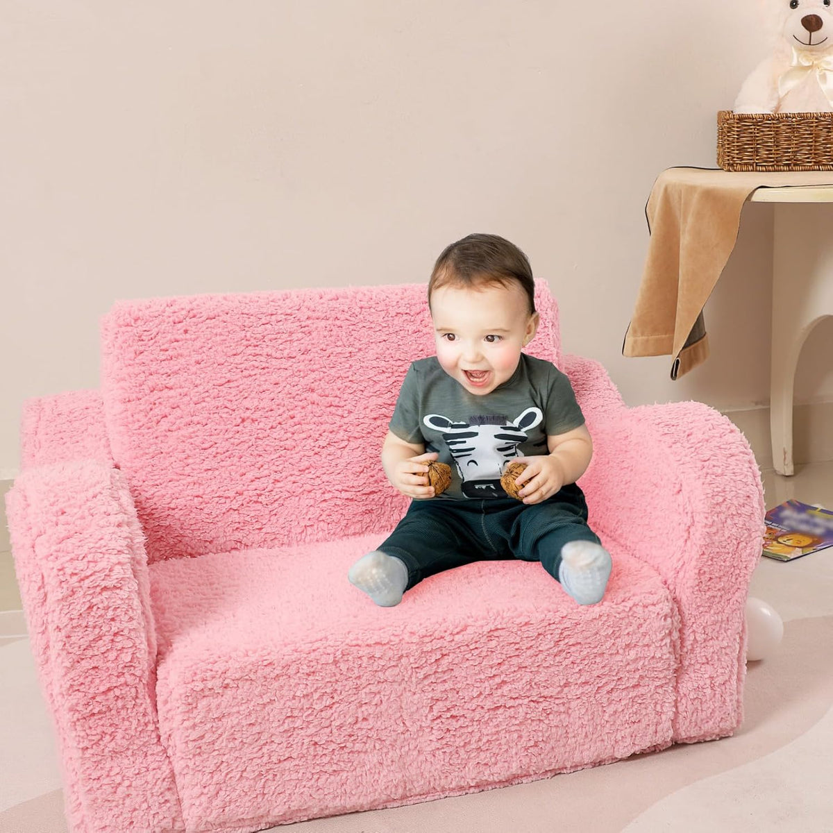 Kids Chairs for Toddler, 2-in-1 Toddler Soft Sherpa Couch Fold Out, Convertible Sofa to Lounger for