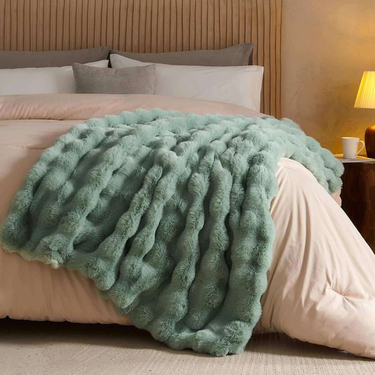 Lotus Karen Faux Fur Throw Blanket Sage Green - Big Bubble Rabbit Fluff Blanket for Couch Bed