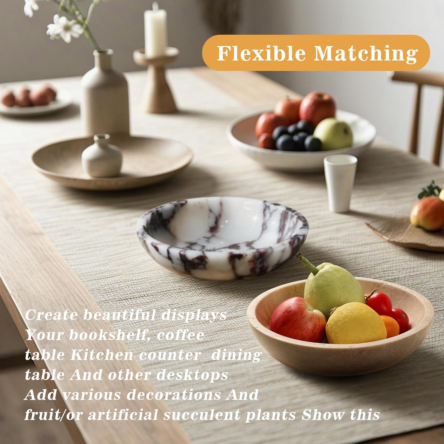 Marble Decorative Bowl for Kitchen Counter, Natural Travertine Serving Bowl with,Modern Display