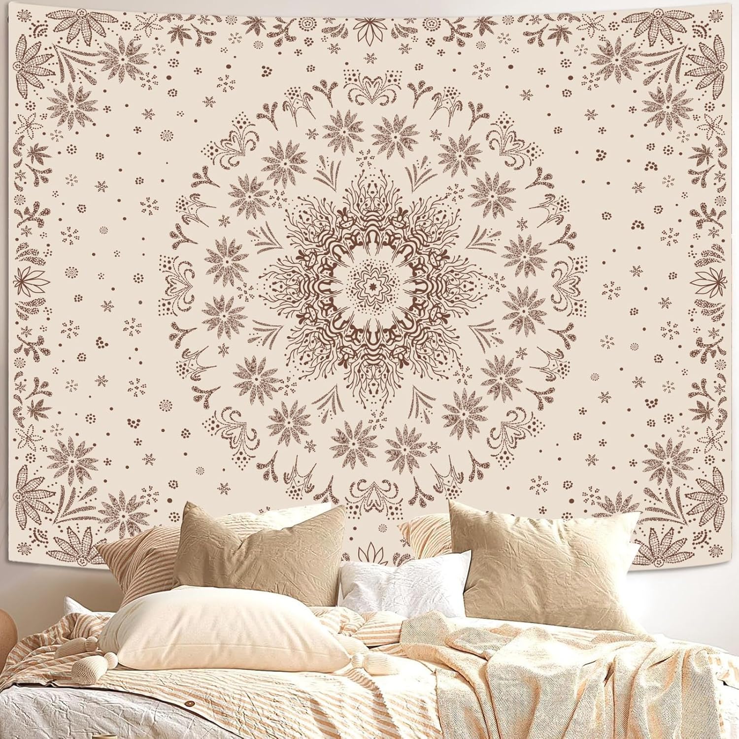 Fowocu Boho Floral Mandala Tapestry Wall Hanging Bohemian Flower Medallion Tapestry Aesthetic Beige