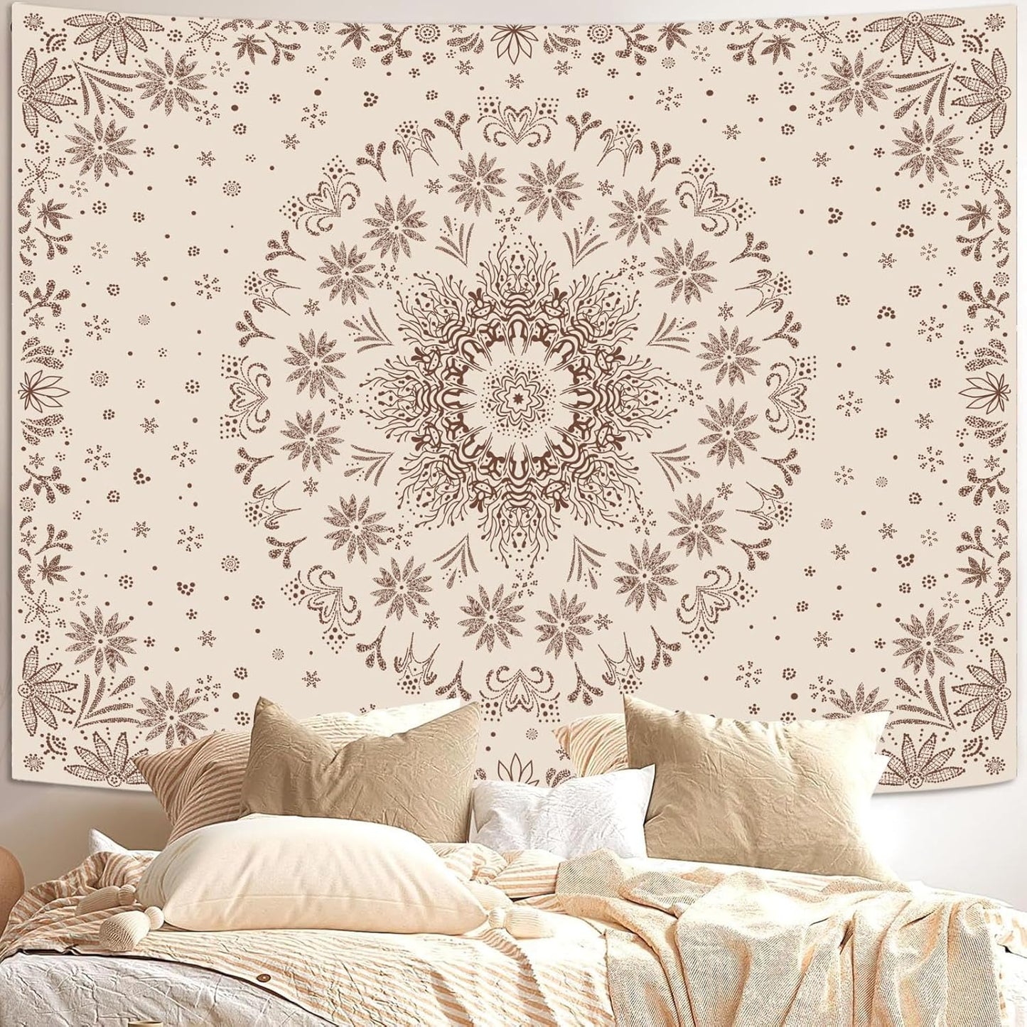 Fowocu Boho Floral Mandala Tapestry Wall Hanging Bohemian Flower Medallion Tapestry Aesthetic Beige
