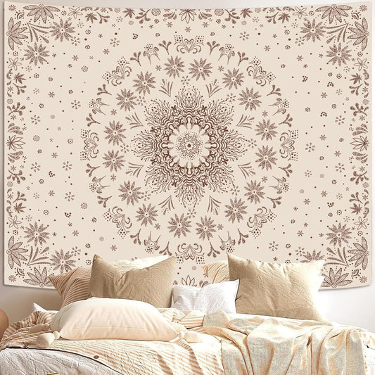 Fowocu Boho Floral Mandala Tapestry Wall Hanging Bohemian Flower Medallion Tapestry Aesthetic Beige