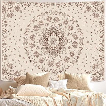 Fowocu Boho Floral Mandala Tapestry Wall Hanging Bohemian Flower Medallion Tapestry Aesthetic Beige