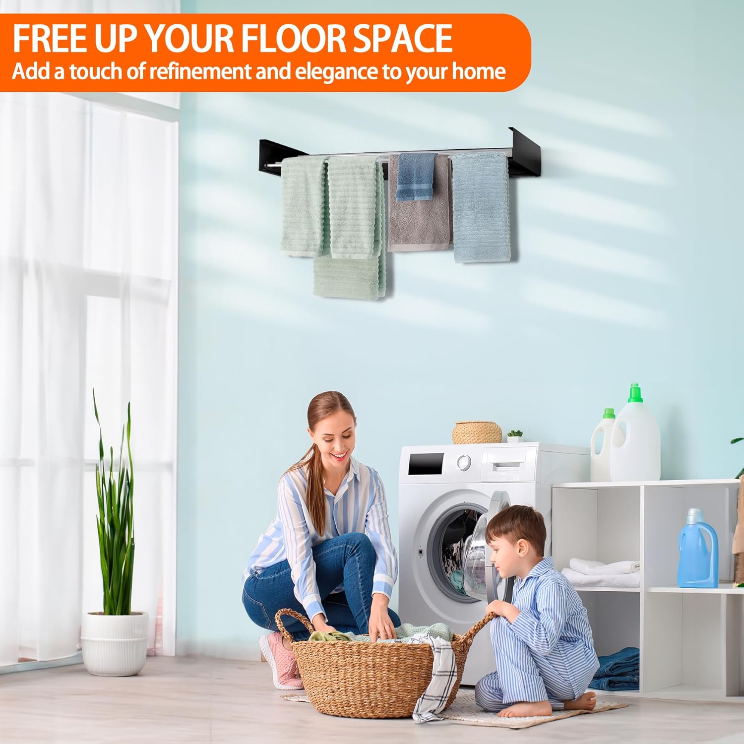 FOCHIER F Laundry Drying Rack Wall Mounted Clothes Drying Rack Collapsible with 5 Aluminum Rods and