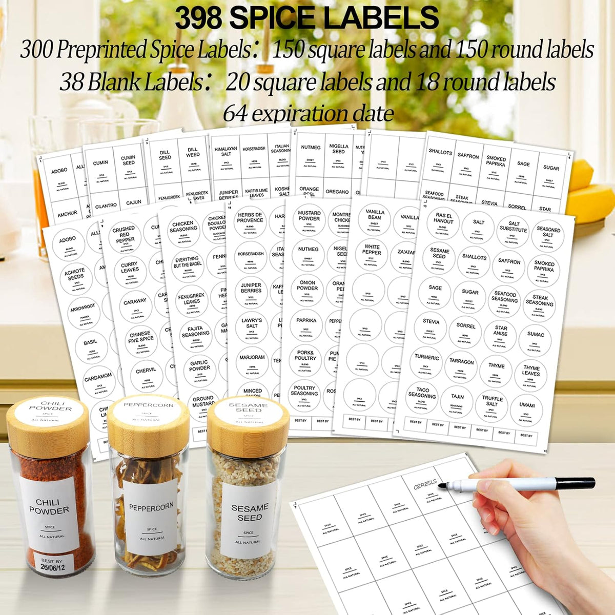 AISIPRIN Glass Spice Jars with 398 Labels-4oz 24 Pcs,Round Seasoning Jars with Bamboo Airtight