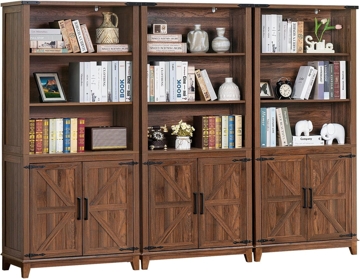 70in Tall Bookshelf 5 Tier Bookcase with Barn Doors and Adjustable Shelves, Brown Farmhouse Book