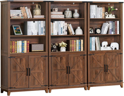 70in Tall Bookshelf 5 Tier Bookcase with Barn Doors and Adjustable Shelves, Brown Farmhouse Book
