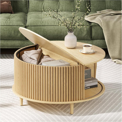 Round Coffee Table with Storage,Mid Century Modern Dining Table with Sliding Cabinet Door for