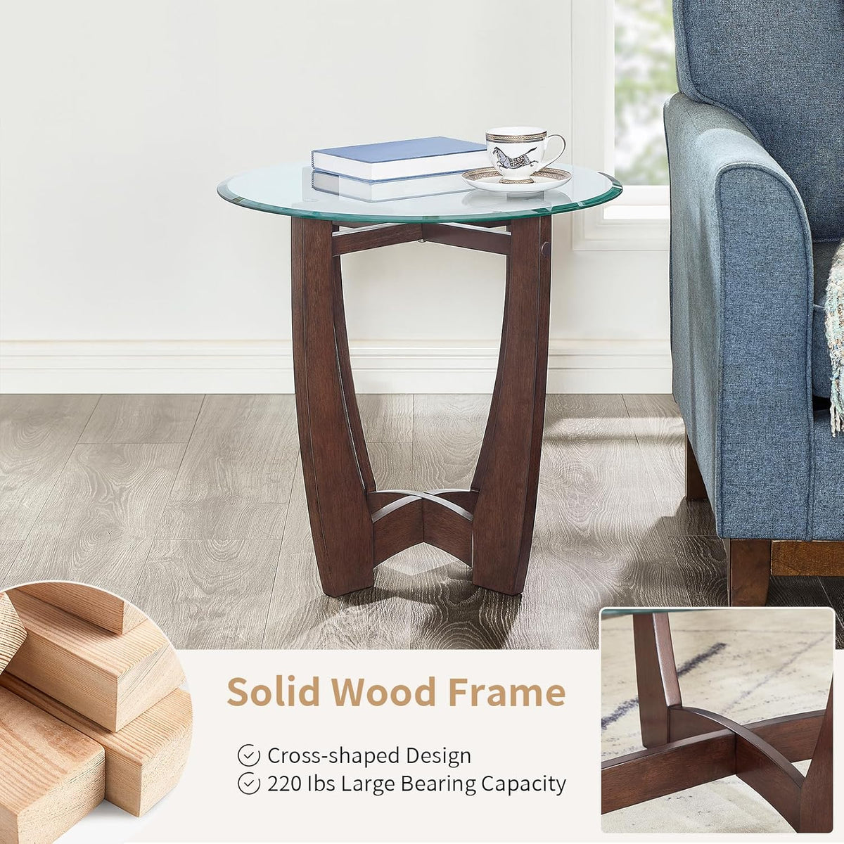 Glass End Table, 23.5" Round Side Tables with Tempered Glass Top Cross and Solid Wood Base Small