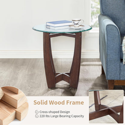 Glass End Table, 23.5" Round Side Tables with Tempered Glass Top Cross and Solid Wood Base Small