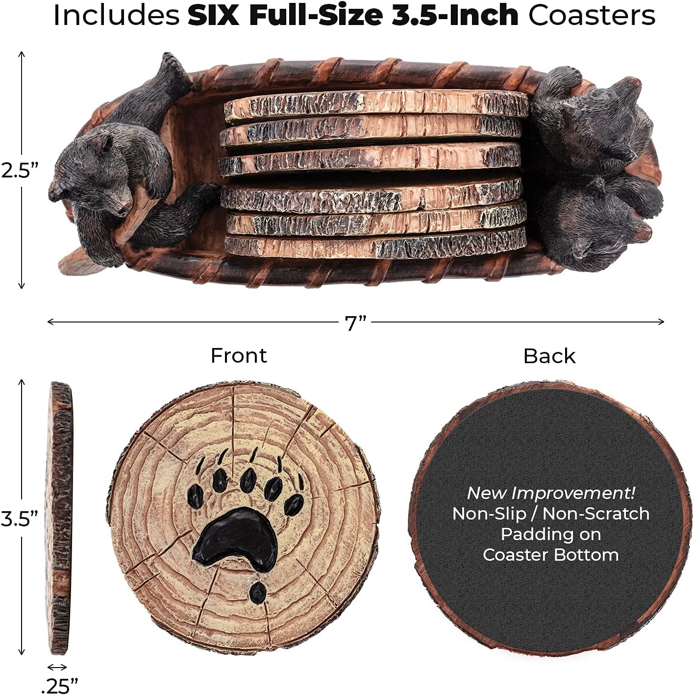 Bear Coasters Set of 6 Full Size Rustic Coasters in Handmade Canoe with Adorable Black Bear