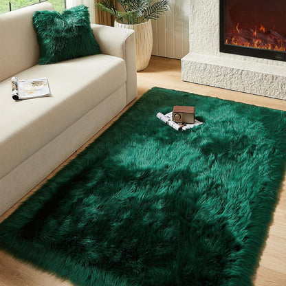 AMTOVO Faux Fur Sheepskin Rug for Living Room, 4 x 6 ft Dark Green Fluffy Area Rug for Bedroom