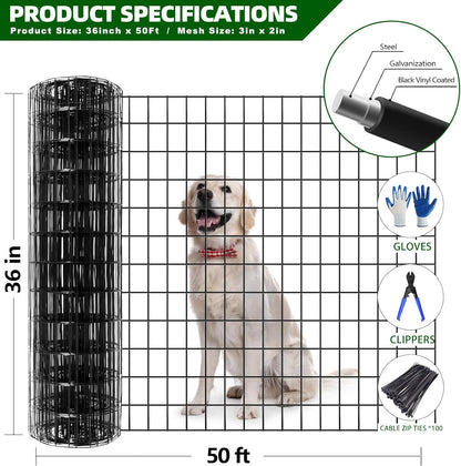 Welded Wire Fence, 50ft(L) x 36inch(H) PVC Coated Wire Fencing for Dog, 2 Inch x 3 Inch 16GA