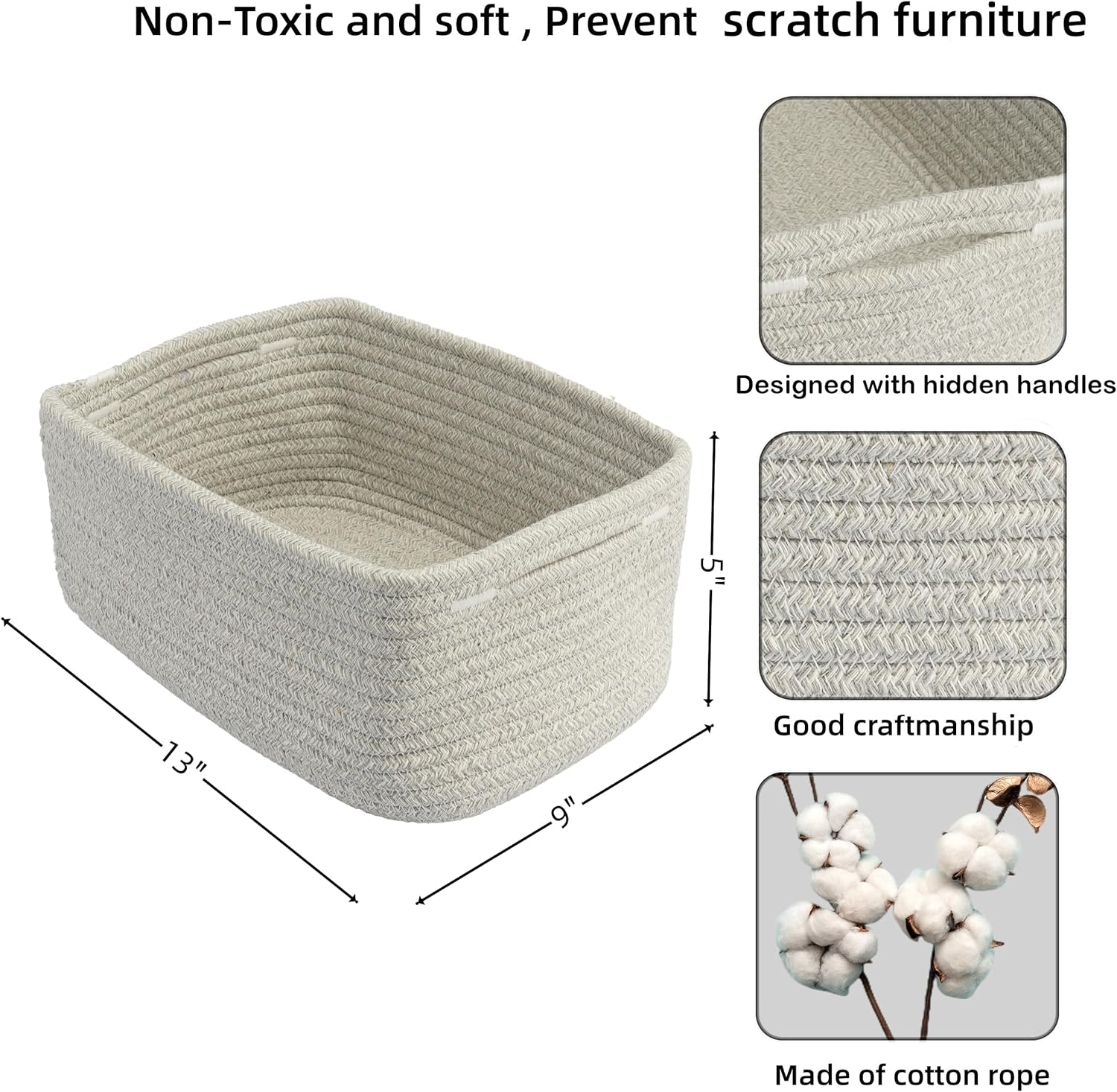 Small Woven Storage Baskets 13“X9”X5“ Decorative Rope Bins for Organizing Shelves, Closets, and