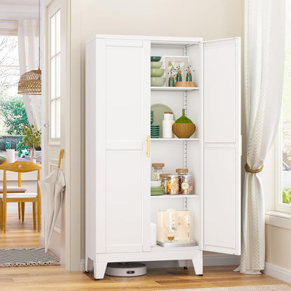 Metal Pantry Cabinet, Kitchen Pantry Storage Cabinets with 2 Door and 3 Adjustable Shelves, White