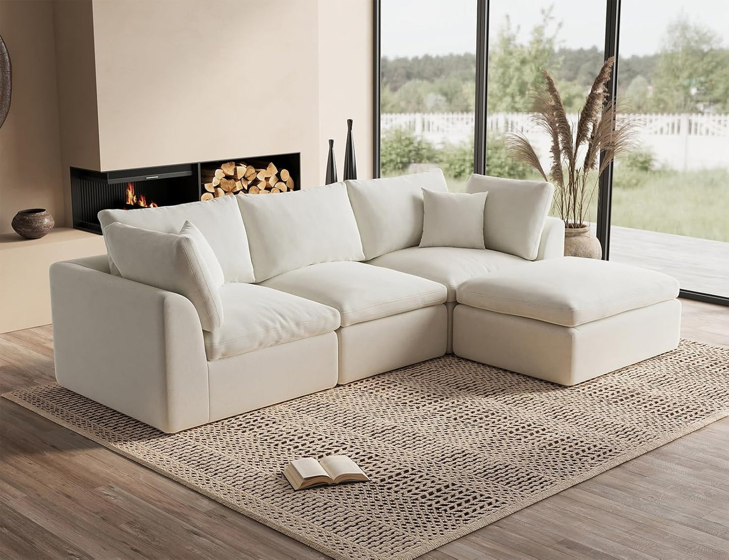 110" Cloud Sectional Couches for Living Room, Convertible L-Shape Couch with Ottoman, 3 Seater