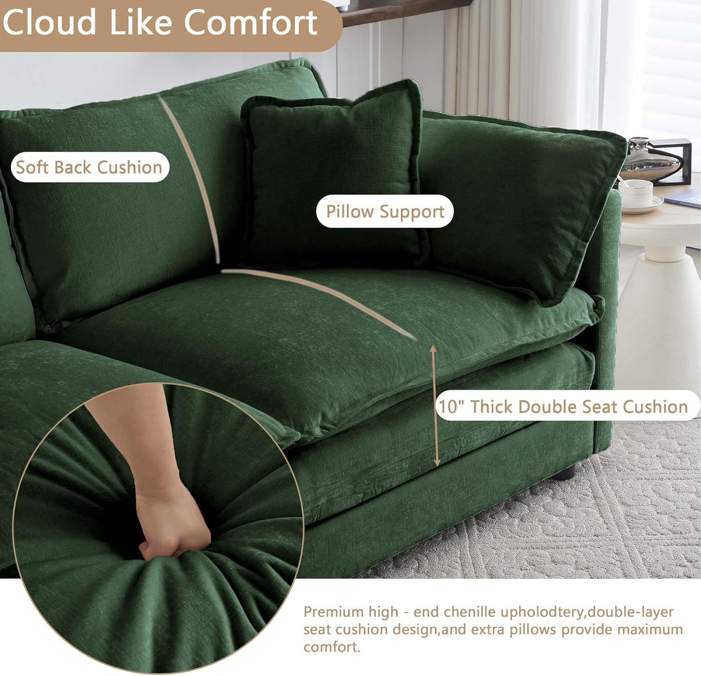 Sectional Sofa 4 Seater with Movable 2 Ottomans,Oversized Modular Couch Deep Seat (Green, 146.5