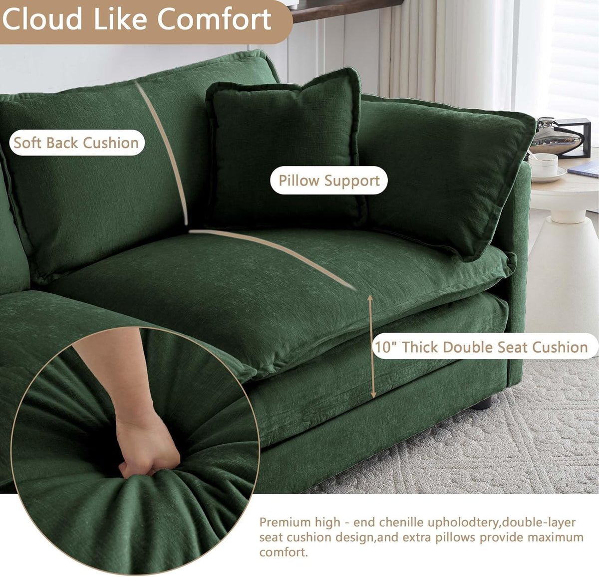 Sectional Sofa 4 Seater with Movable 2 Ottomans,Oversized Modular Couch Deep Seat (Green, 146.5