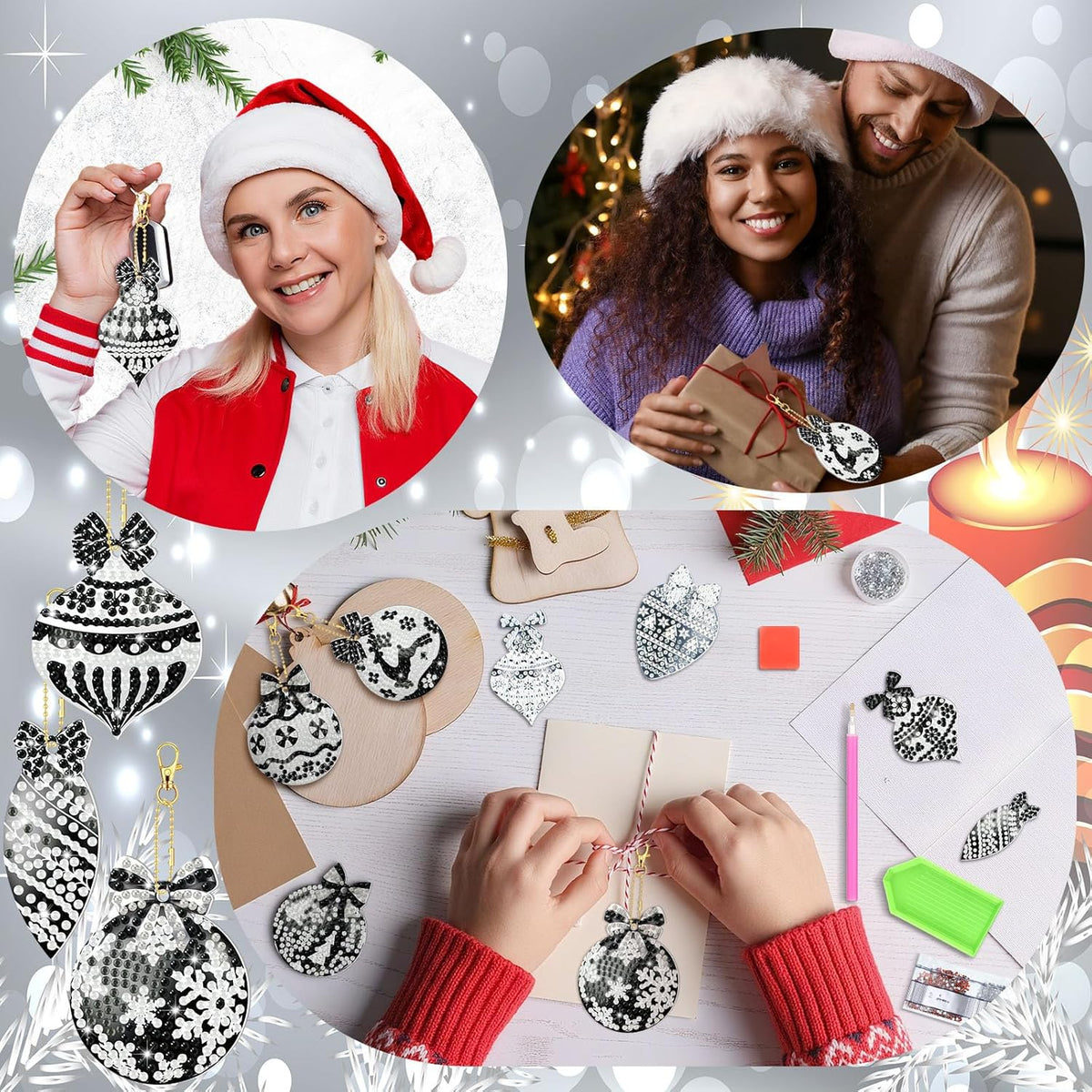 Tondiamo 20 Pcs Christmas Diamond Painting Keychain Kits 5D DIY Diamond Art Pendants Double Sided