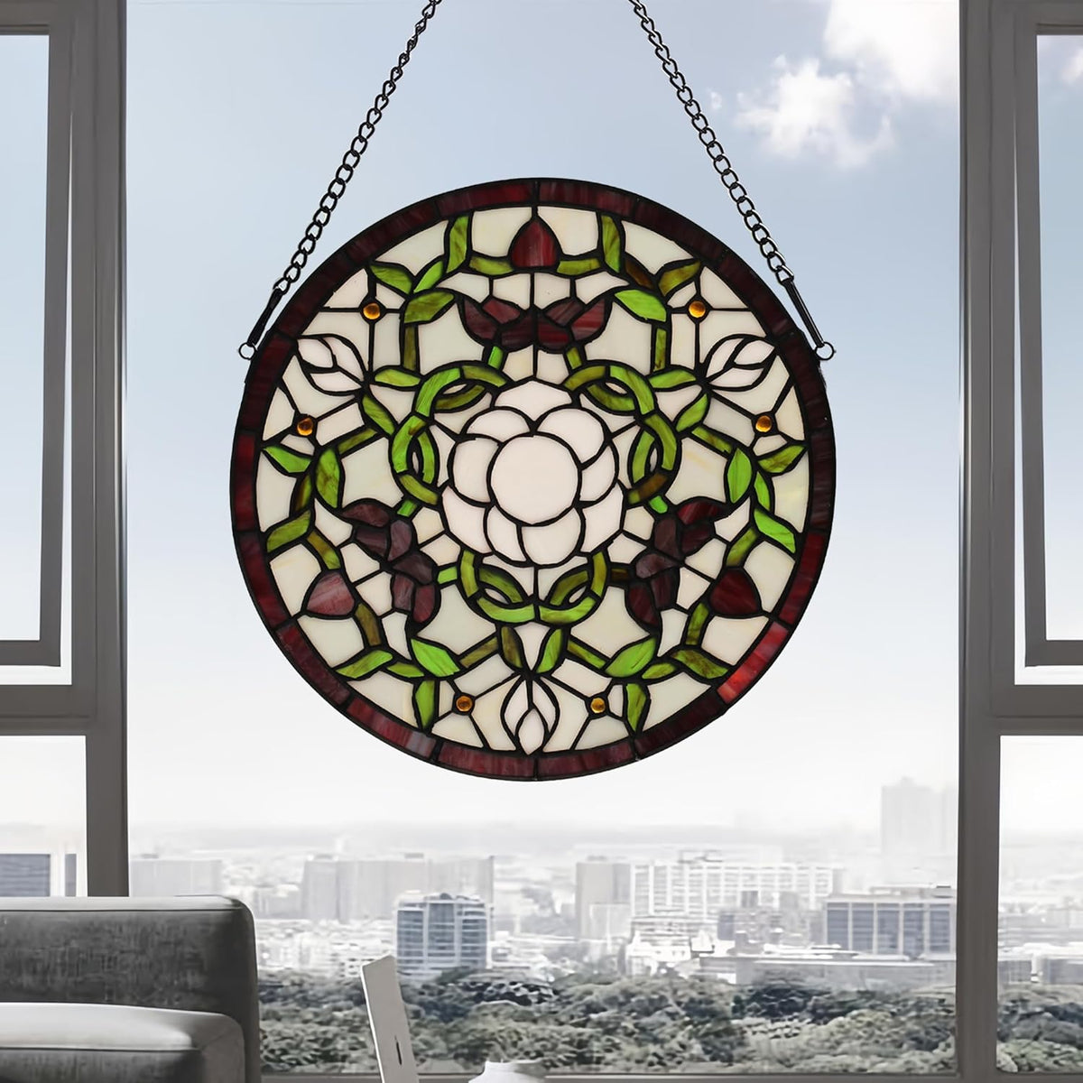 Handcrafted Stained Glass Window Panel - 12-Inch Round Floral Design with Vibrant Colors, Elegant