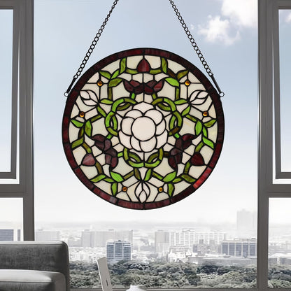 Handcrafted Stained Glass Window Panel - 12-Inch Round Floral Design with Vibrant Colors, Elegant