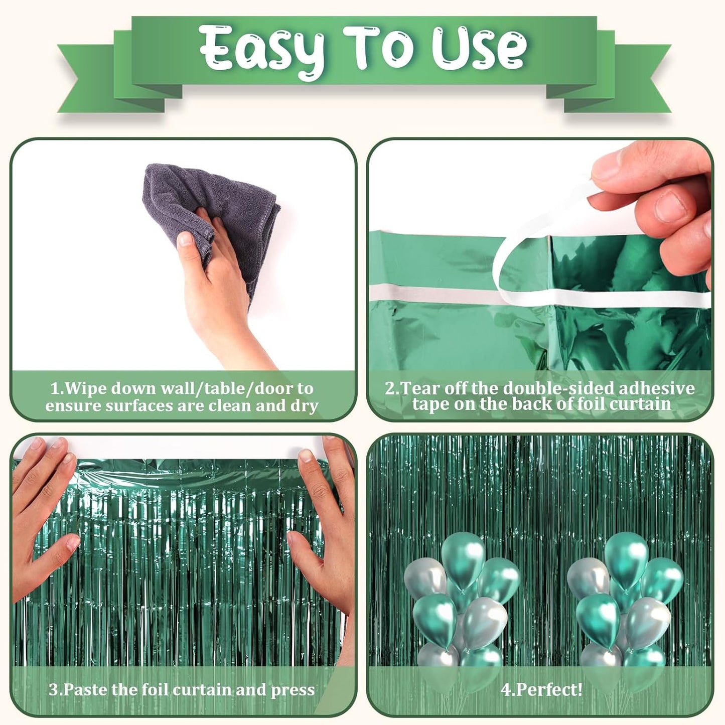 3 Pack 3.3 x 8.2 ft Retro Green Foil Fringe Backdrop Curtains, Tinsel Streamers Party Decorations
