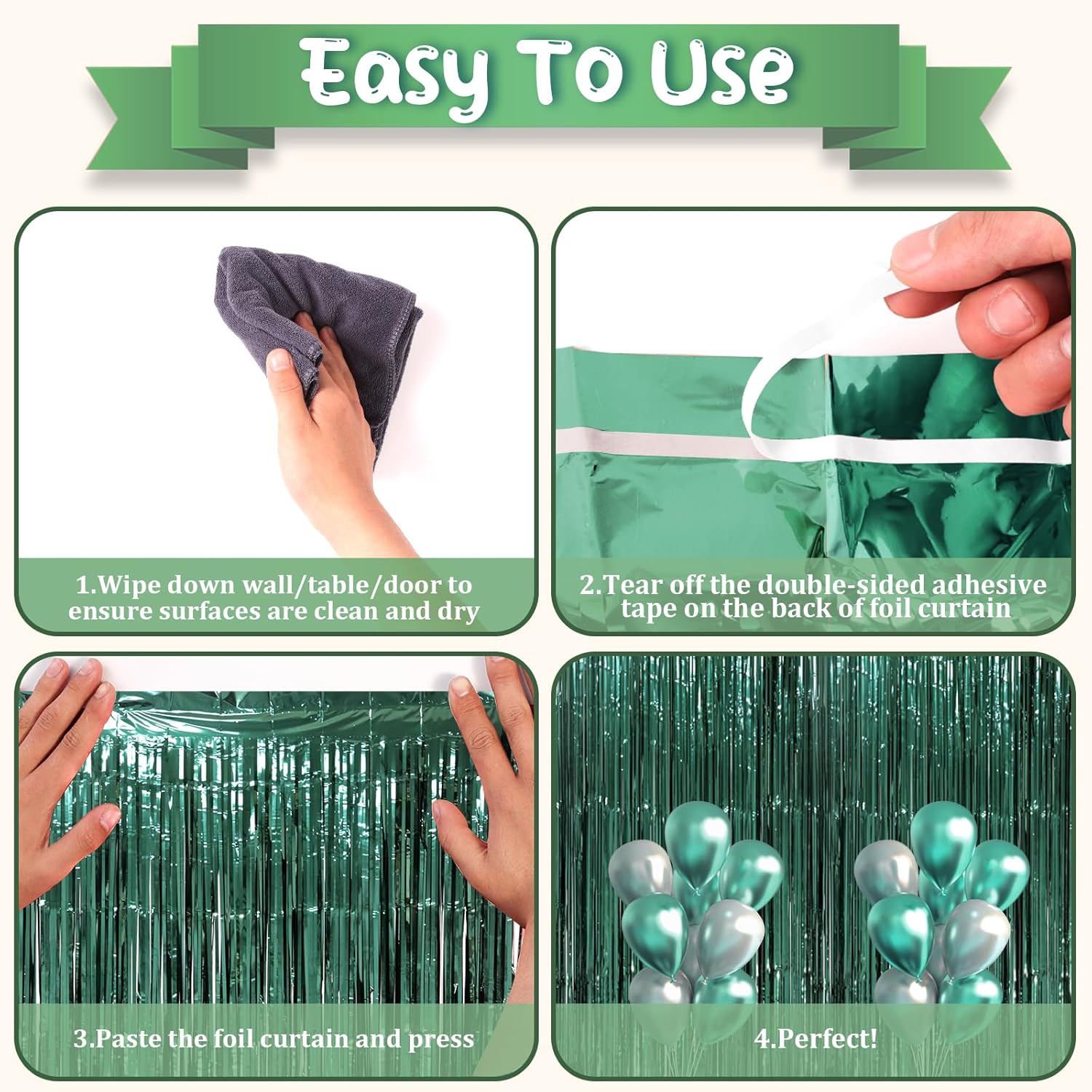 3 Pack 3.3 x 8.2 ft Retro Green Foil Fringe Backdrop Curtains, Tinsel Streamers Party Decorations