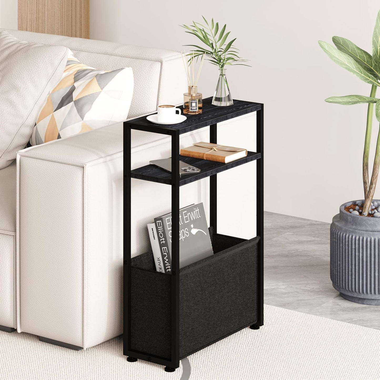 Black Side Table, Slim Side Table with Magazine Rack, Bathroom Table for Small Spaces, Narrow
