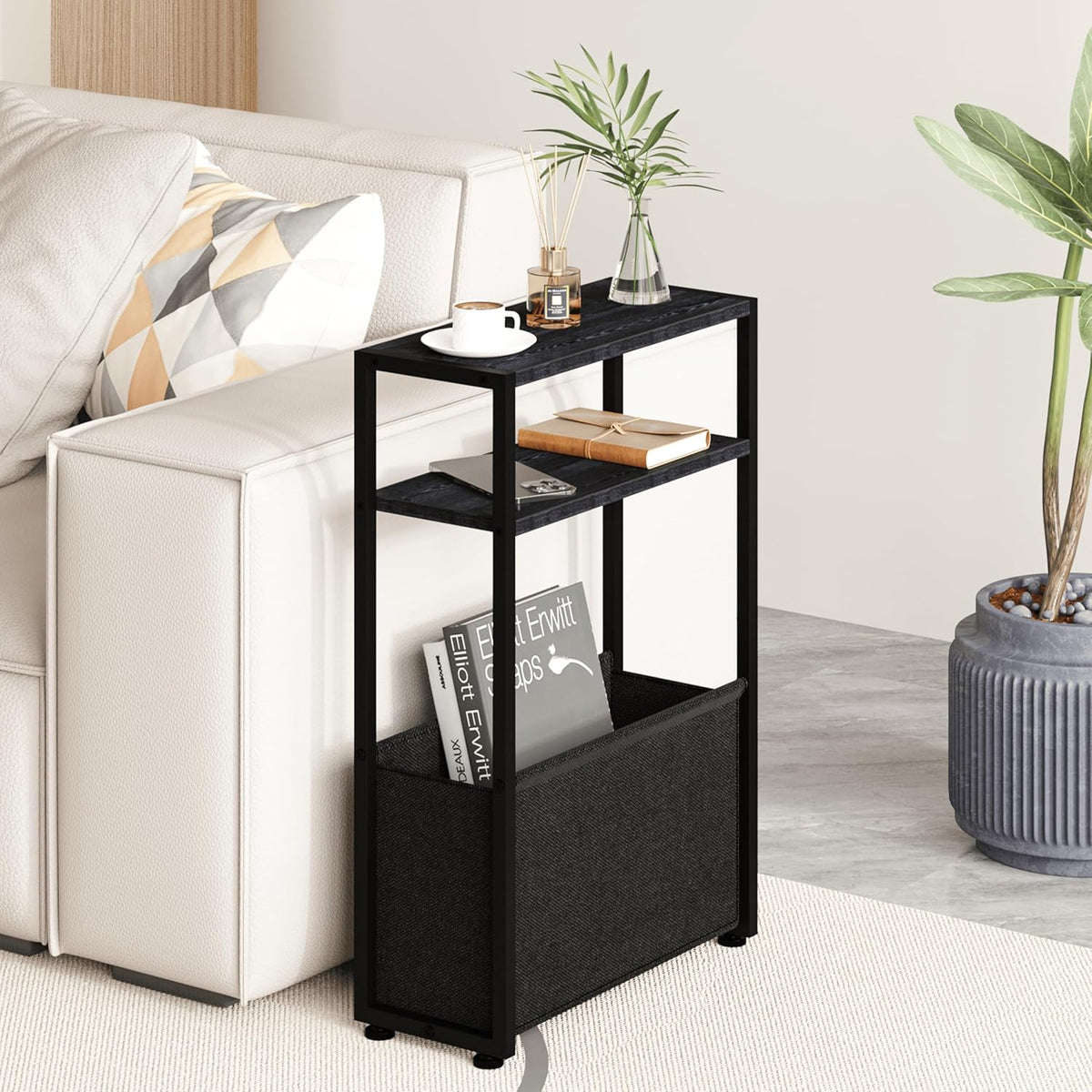 Black Side Table, Slim Side Table with Magazine Rack, Bathroom Table for Small Spaces, Narrow