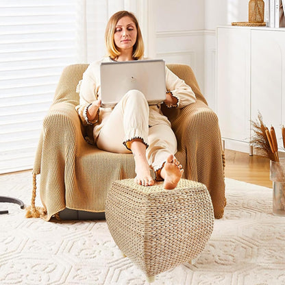 Square Poufs Ottoman,Hand Woven Natural Braided Cattail Ottomans Pouf for Patio,Home,Office,Living