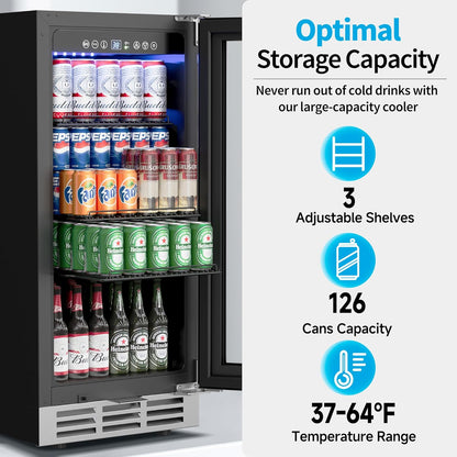 15 Inch Beverage Refrigerator Under Counter - 126 Cans Beverage Fridge with Glass Door for Beer