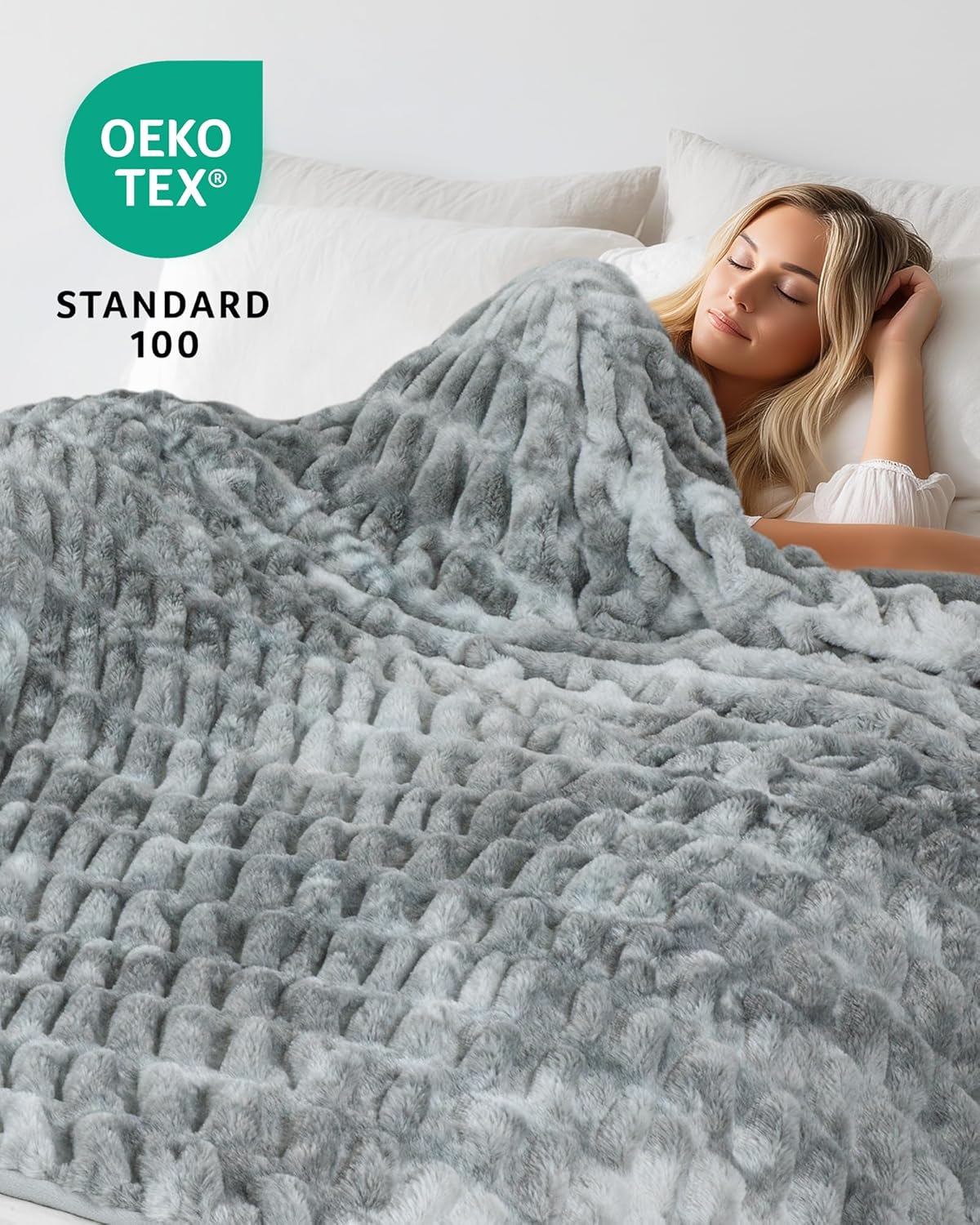 Faux Fur Blanket, Twin Size Oversized Throw Blanket for Couch, Fluffy Blanket with Stretch Ruched