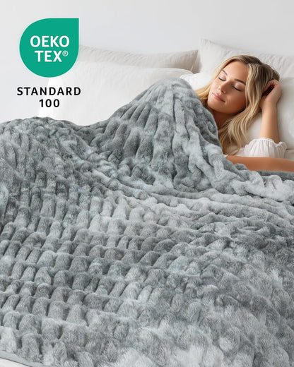 Faux Fur Blanket, Twin Size Oversized Throw Blanket for Couch, Fluffy Blanket with Stretch Ruched
