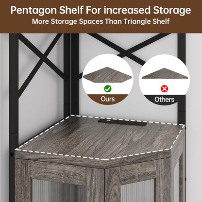 Corner Bar Cabinet with Power Outlet, 5-Tier Corner Wine Cabinet with Led Strip and Glass Holder