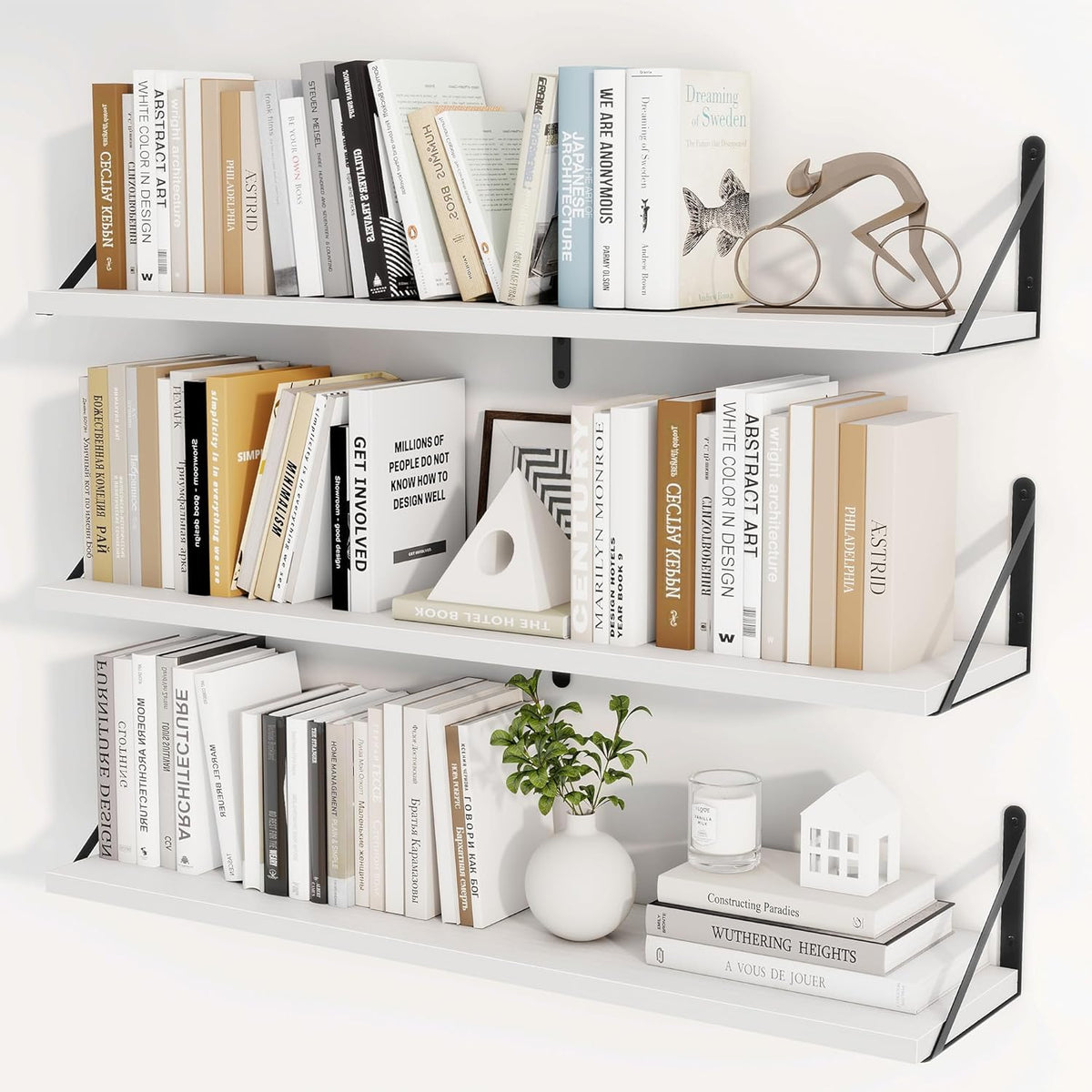 Heimlove 36 Inch White Floating Bookshelves Set of 3,Heavy Duty Wall Mounted Bookshelves,Wall