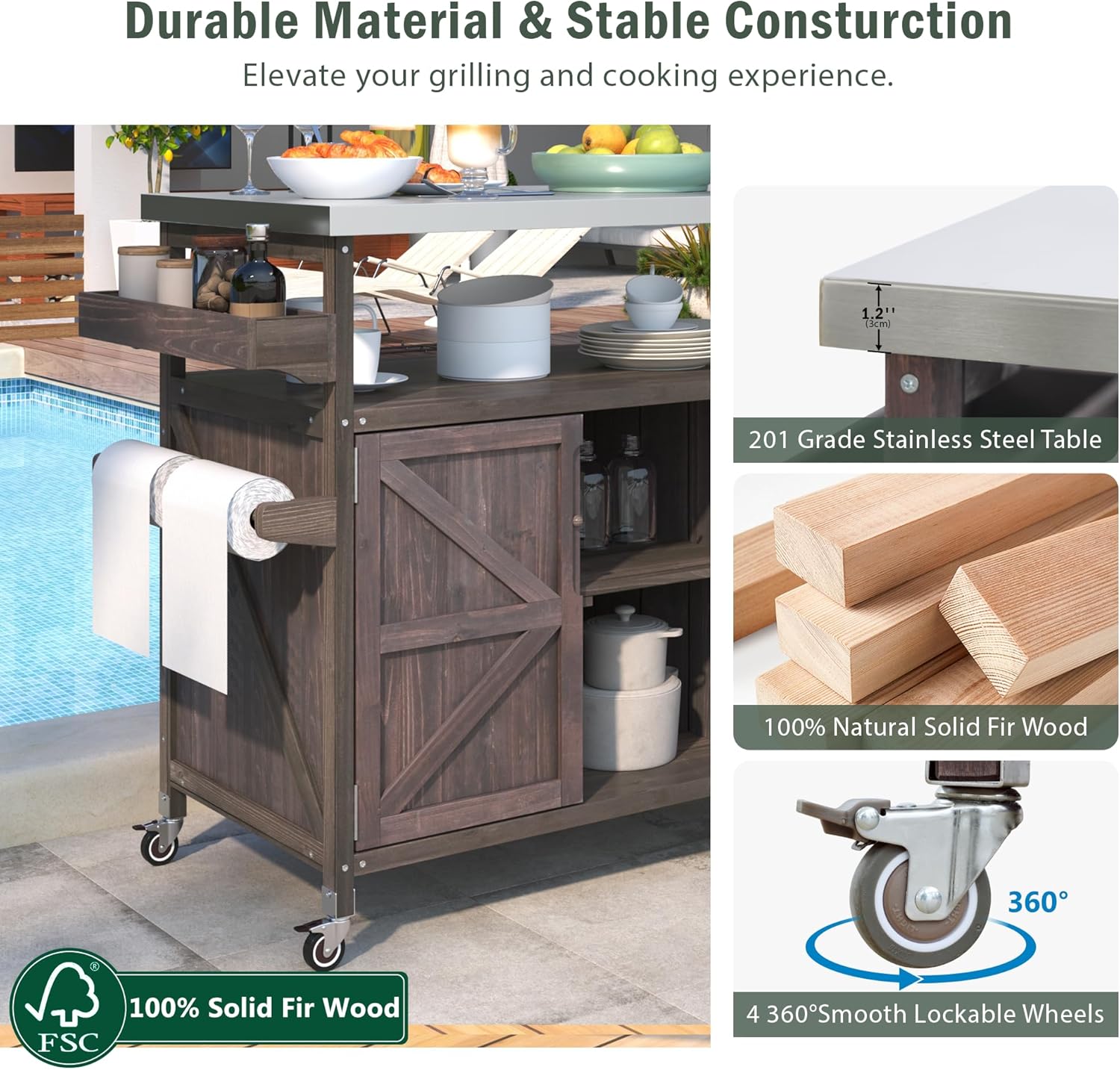 Farmhouse Solid Wood Grill Table with Stainless Steel Top, Outdoor Rolling Bar Cart & Storage