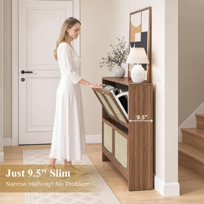 Rattan Shoe Cabinet for Entryway with 4 Flip Drawers, 9.5" Narrow Shoe Rack, Boho Slim Shoe Storage