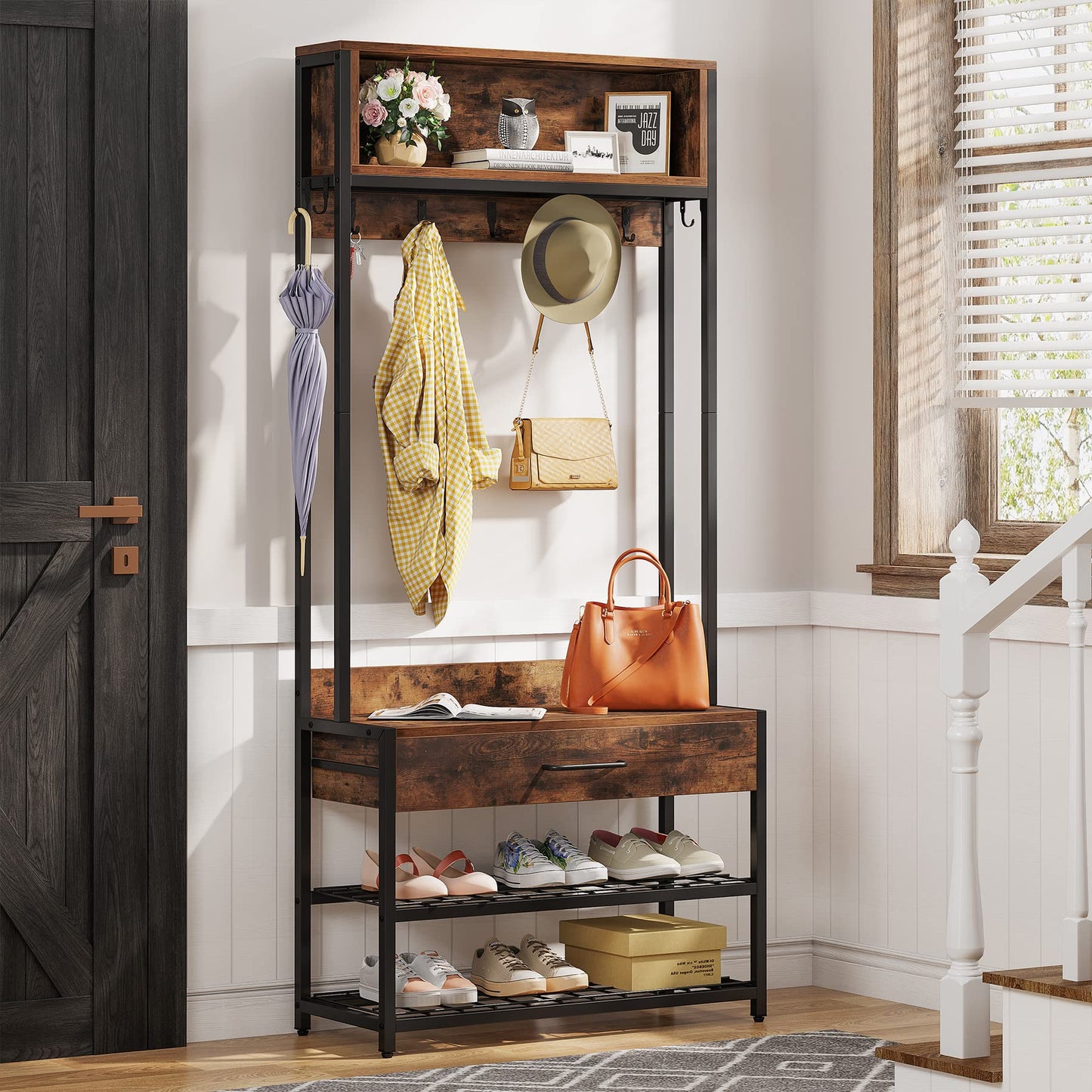 Tribesigns 3-in-1 Entryway Hall Tree with Shoe Bench and Hutch, Brown