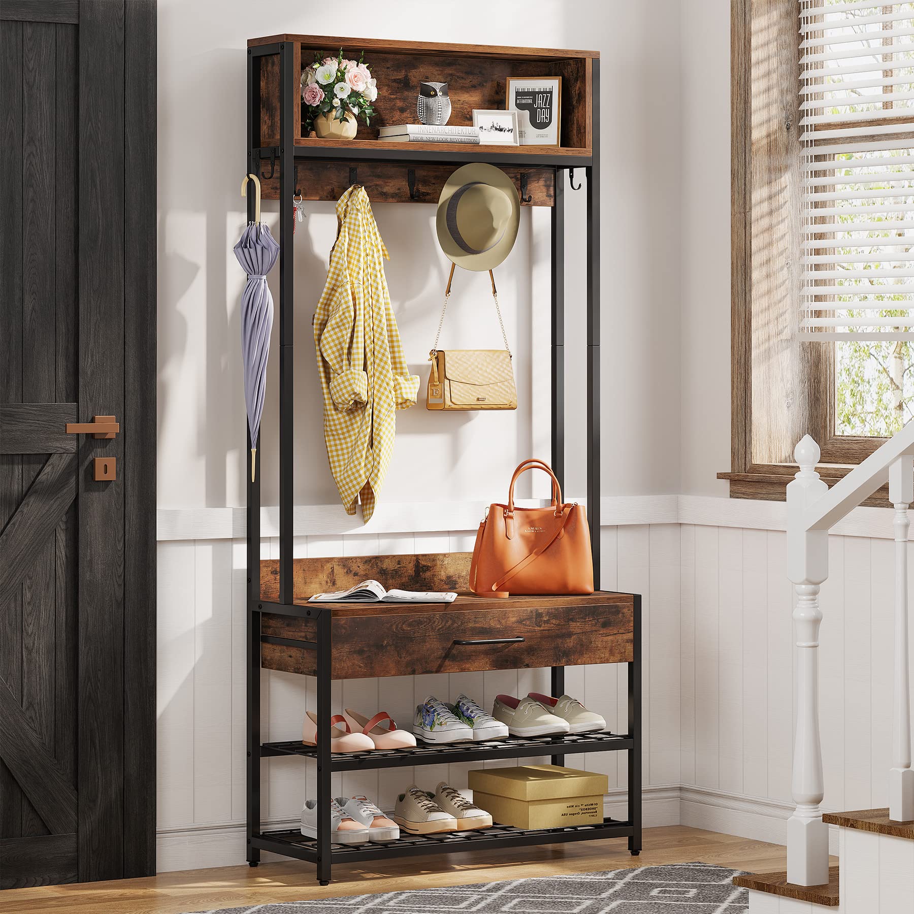 Tribesigns 3-in-1 Entryway Hall Tree with Shoe Bench and Hutch, Brown