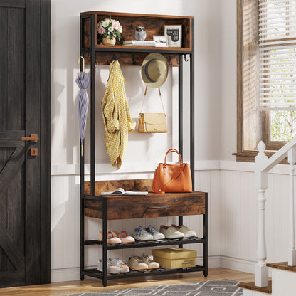 Tribesigns 3-in-1 Entryway Hall Tree with Shoe Bench and Hutch, Brown