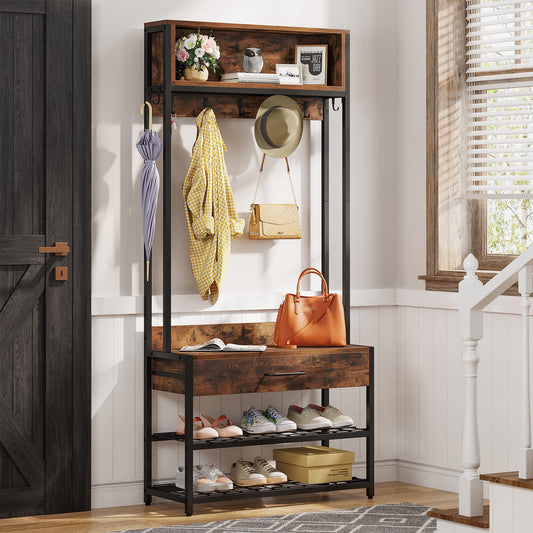 Tribesigns 3-in-1 Entryway Hall Tree with Shoe Bench and Hutch, Brown