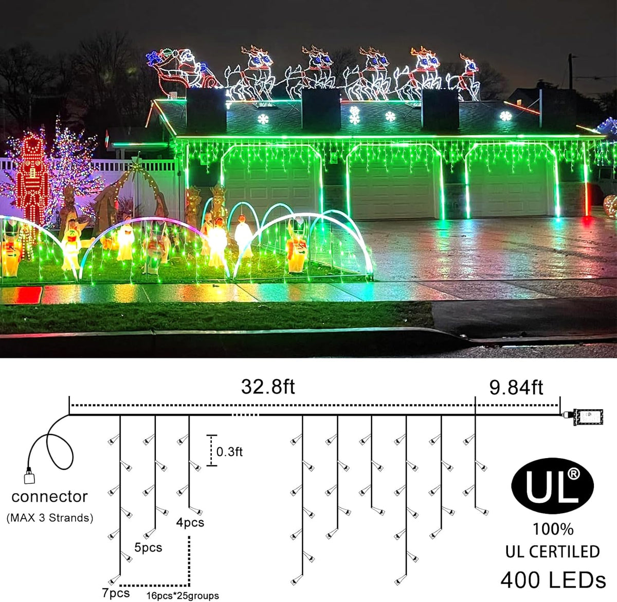 Green Christmas Lights Outdoor, 33ft 400 LED Icicle Lights for Outside House with Connectable Clear