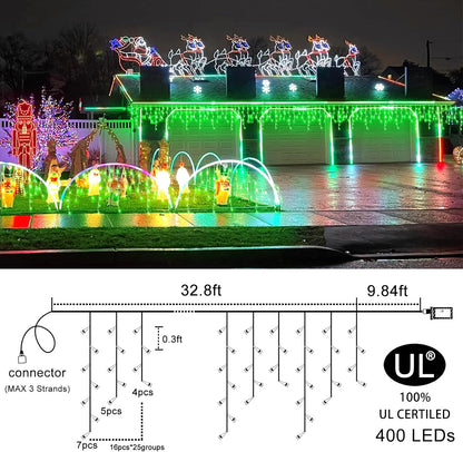Green Christmas Lights Outdoor, 33ft 400 LED Icicle Lights for Outside House with Connectable Clear