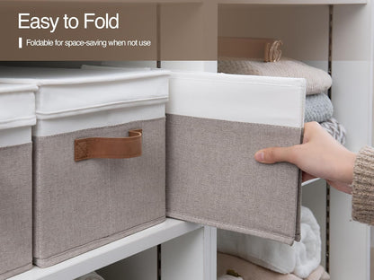 StorageWorks Storage Bins with Lids, Decorative Storage Boxes with Lid and PU Handles, Foldable