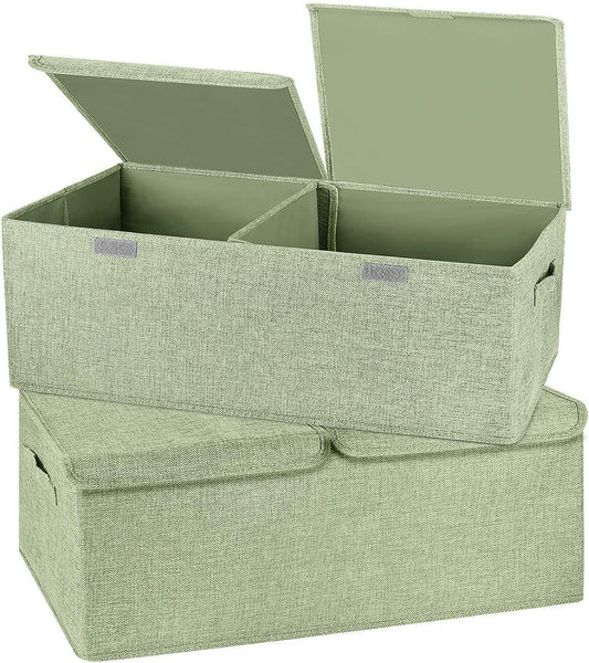 2 Pack Storage Boxes with Lids and Handles, Collapsible Linen Storage Bins Organizer Containers