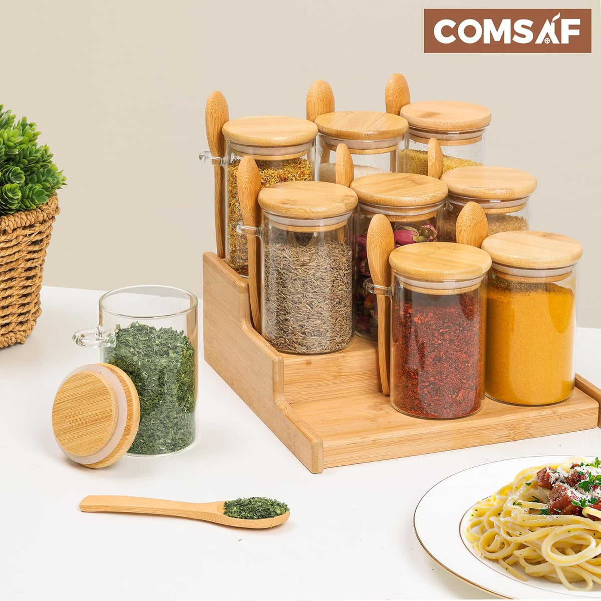 ComSaf 12 Pcs Glass Spice Jars and Spoons, 8oz Glass Containers with Bamboo Lids, Storage
