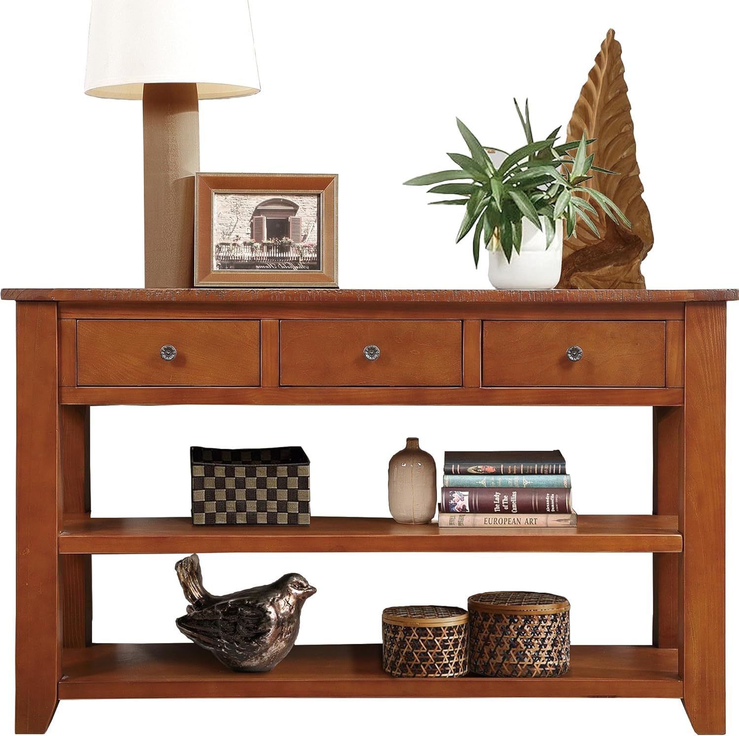 Solid Wood Console Table Entryway Table with Storage Drawers and Bottom Shelf Sofa Table for Entry