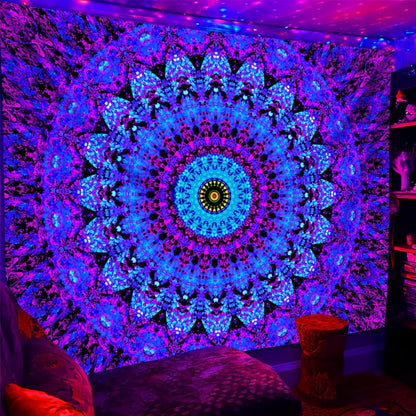 Blacklight Mandala Boho Tapestry, Black Light Bohemian Hippie Poster for Adults and Teens, UV