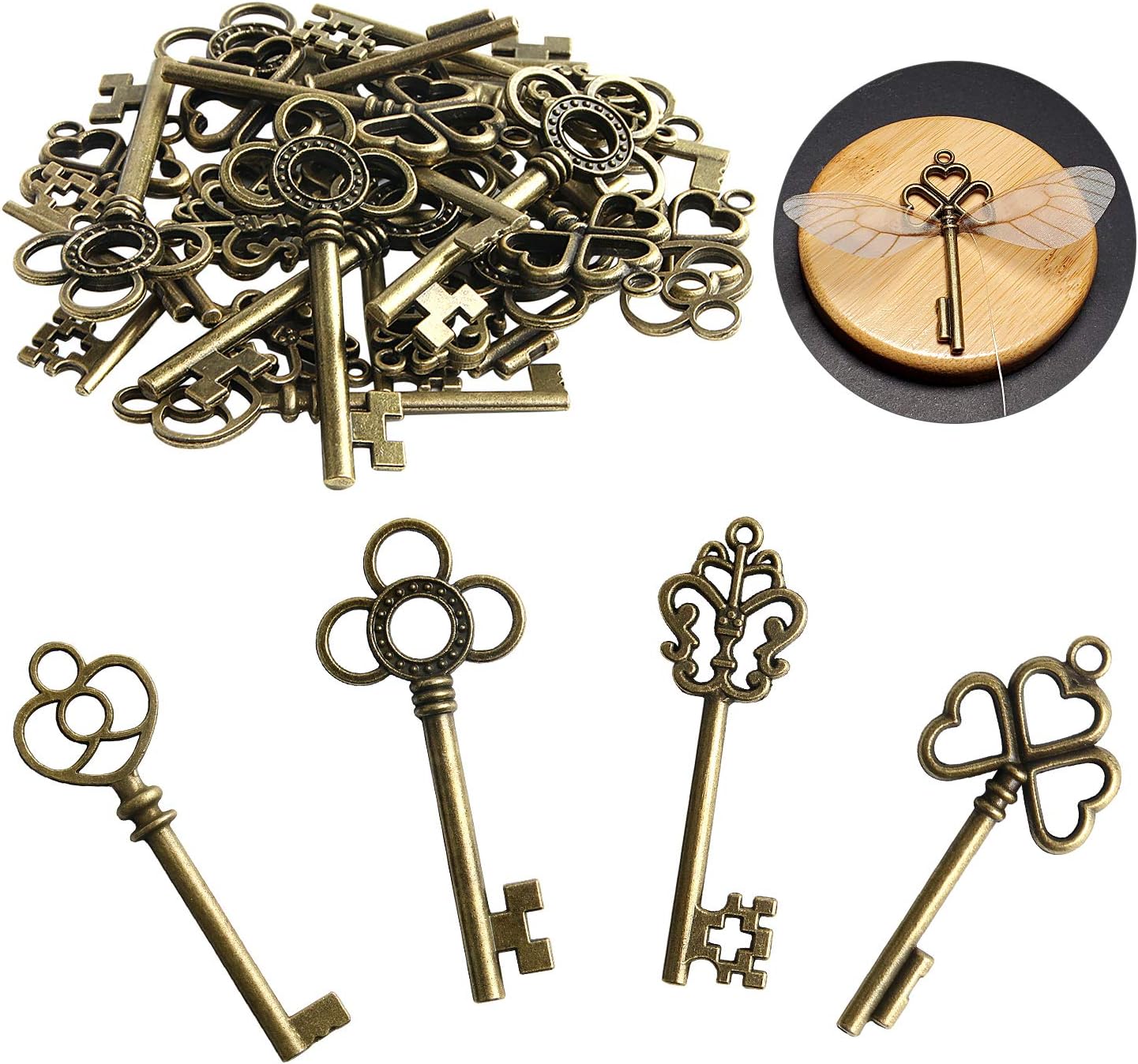 SANNIX 30 PCS Vintage Skeleton Keys Flying Keys with 30 Pairs Dragonfly Wings and 30 Yards Elastic