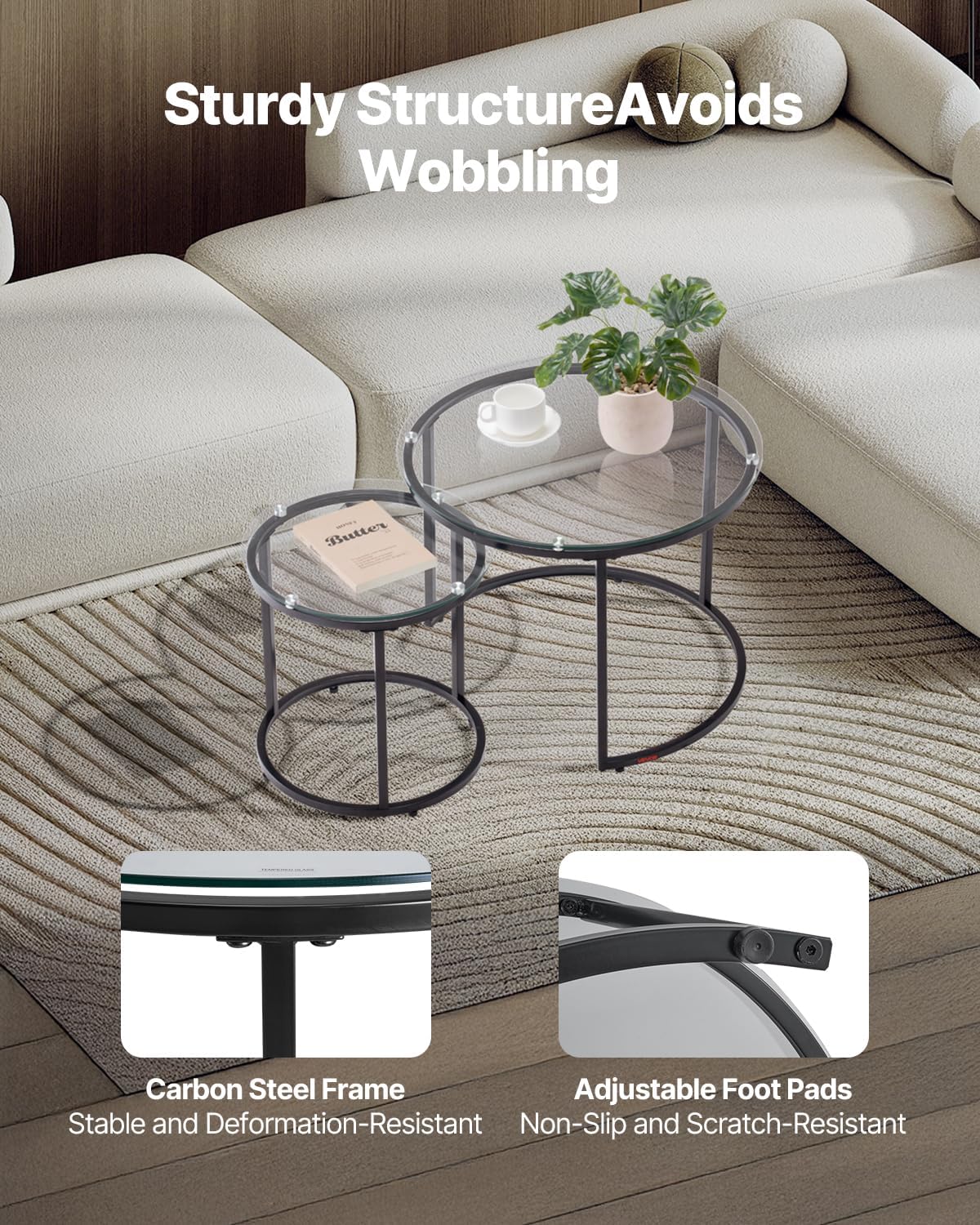 VEVOR Nesting Tables, Glass Coffee Table Set of 2, 23.6 inch Round Coffee Table, Small Coffee